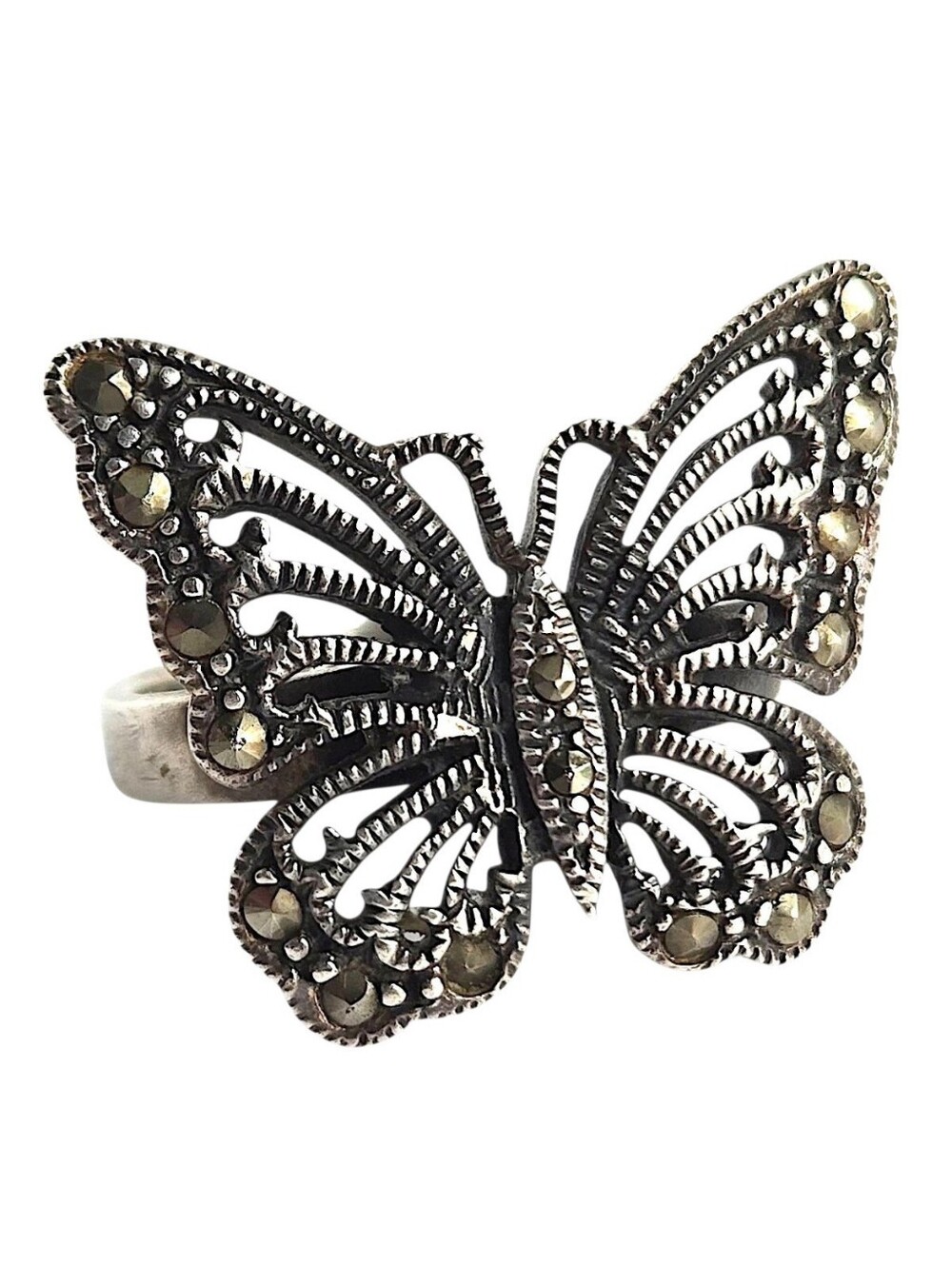 Vintage 925 Sterling Silver Marcasite Filigree Butterfly Ring Openwork Size 8